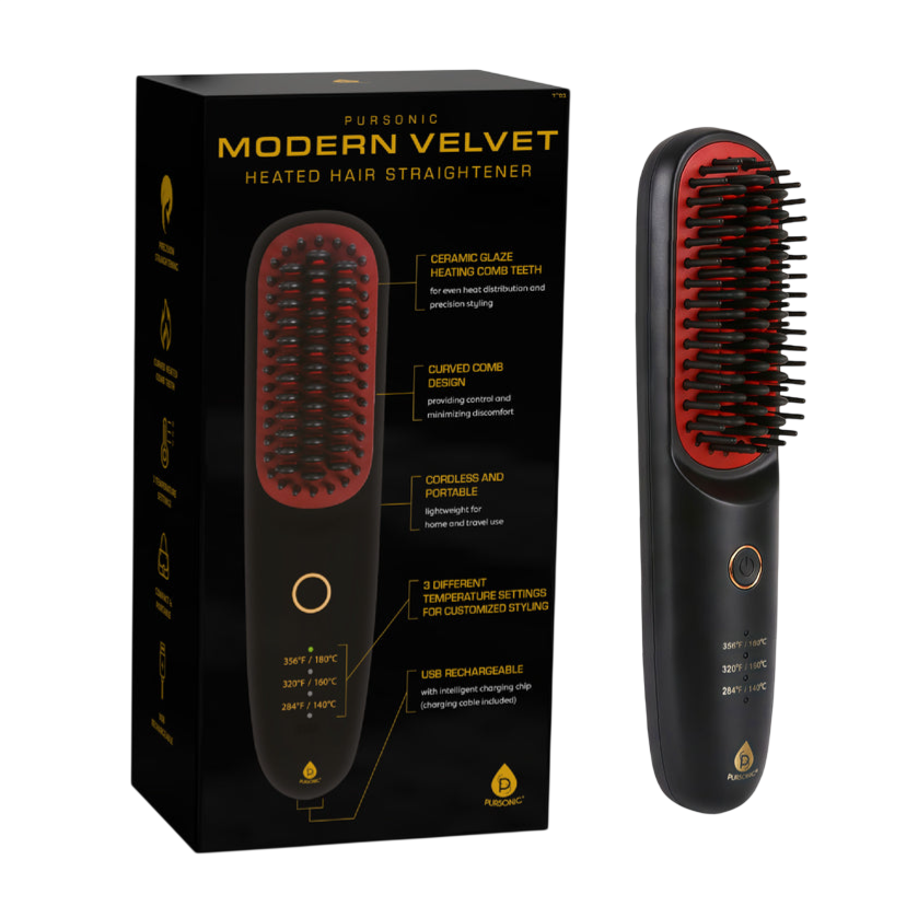 Pursonic Modern Velvet Heated Hair Straightener with ceramic glaze heating comb, curved design, cordless portability, three temperature settings (356°F/320°F/284°F), and USB rechargeable feature.