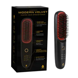 Pursonic Modern Velvet Heated Hair Straightener with ceramic glaze heating comb, curved design, cordless portability, three temperature settings (356°F/320°F/284°F), and USB rechargeable feature.