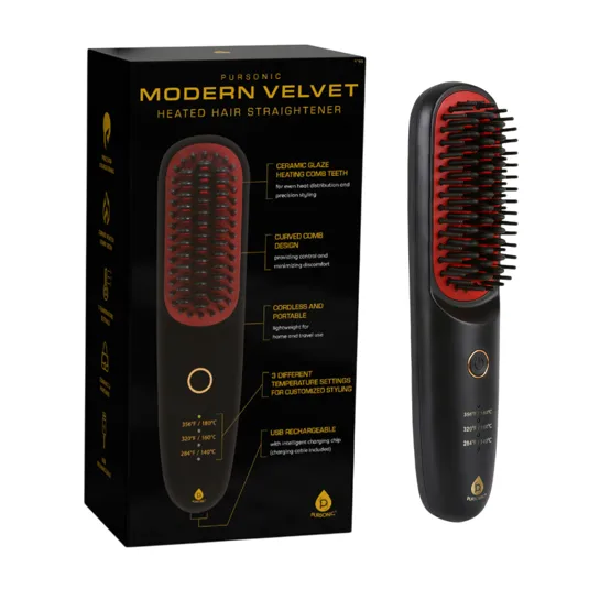 Pursonic Modern Velvet Heated Hair Straightener with ceramic glaze heating comb, curved design, cordless portability, three temperature settings (356°F/320°F/284°F), and USB rechargeable feature.