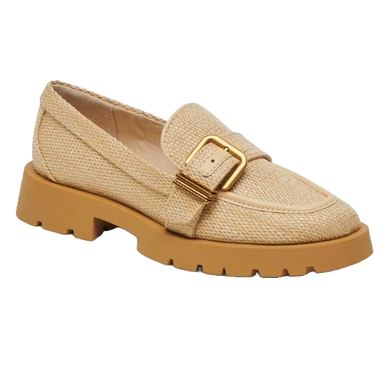Beige loafers with a textured fabric finish, featuring a prominent gold buckle on the upper and a chunky tan sole with deep treads for grip.