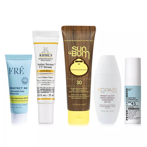 5pc Top-Brand Sunscreen Set: Includes Fré Protect Me SPF 30 Moisturizer, Kiehl's Better Screen UV Serum SPF 50+, Sun Bum SPF 30 Sunscreen Lotion, Kopari Bright as Day SPF 50, and Peter Thomas Roth Water Drench SPF 45.