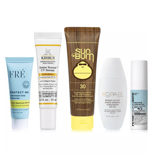 5pc Top-Brand Sunscreen Set: Includes Fré Protect Me SPF 30 Moisturizer, Kiehl's Better Screen UV Serum SPF 50+, Sun Bum SPF 30 Sunscreen Lotion, Kopari Bright as Day SPF 50, and Peter Thomas Roth Water Drench SPF 45.
