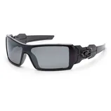 Black sunglasses with a sleek design featuring large, tinted rectangular lenses and a prominent icon on the arms.