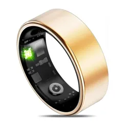 A gold smart ring with a fitness tracking app interface, charging case, and USB cable. The app displays steps, sleep, heart rate, blood pressure, and SpO2 data.