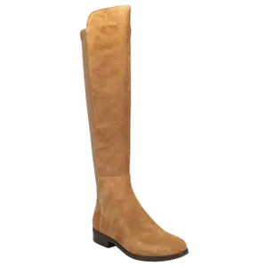 Tan knee-high suede boot with a flat heel and elastic back panel.