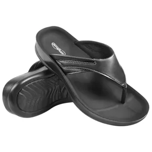 Black flip-flop sandals with cushioned straps and contoured footbeds designed for comfort and support.