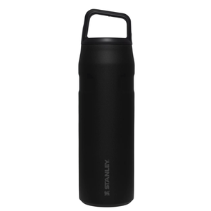 Black insulated stainless steel water bottle with a handle on the lid, branded with \“Stanley\“.