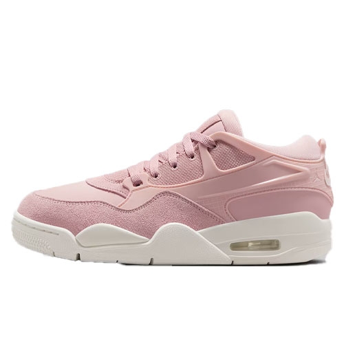 A pink sneaker with a low-top design features a mix of suede and synthetic materials, lace-up closure, and a visible air cushion in the white midsole.