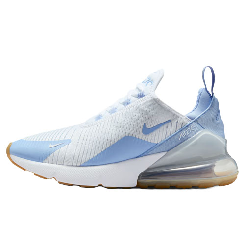 A light blue and white Nike Air Max 270 sneaker featuring a woven upper, visible air unit, and gum sole.