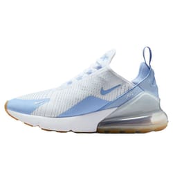 A light blue and white Nike Air Max 270 sneaker featuring a woven upper, visible air unit, and gum sole.