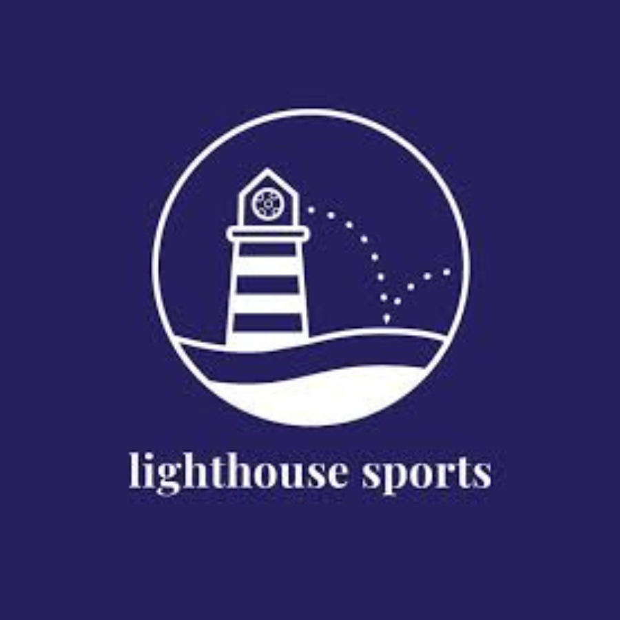 A logo for \“lighthouse sports\“ features a stylized lighthouse with a shooting ball above waves, all in white against a dark blue background.