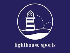 A logo for \“lighthouse sports\“ features a stylized lighthouse with a shooting ball above waves, all in white against a dark blue background.