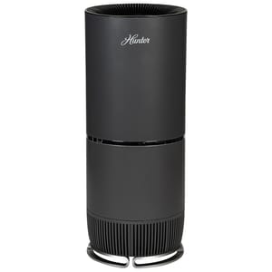 Hunter HEPA Air Purifier features a sleek black cylindrical design, designed to filter air with HEPA technology, enhancing indoor air quality.