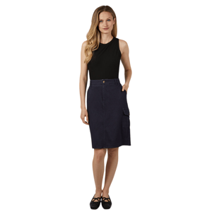 A woman is wearing a black sleeveless top paired with a navy knee-length cargo skirt and black shoes. The skirt features a side pocket with a button closure.