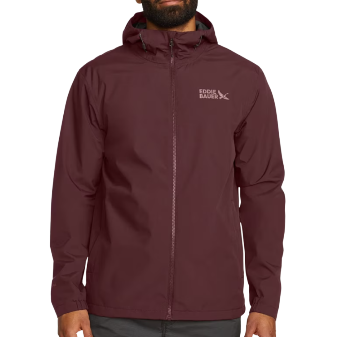 Maroon Eddie Bauer hooded jacket with a front zipper and logo on the chest.