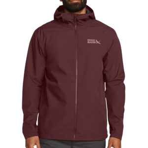 Maroon Eddie Bauer hooded jacket with a front zipper and logo on the chest.
