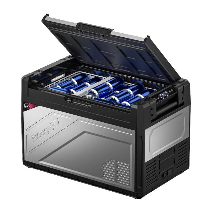 A portable electric cooler with dual compartments open to reveal stored cans, featuring a digital control panel and a robust design suitable for outdoor use.