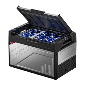 A portable electric cooler with dual compartments open to reveal stored cans, featuring a digital control panel and a robust design suitable for outdoor use.