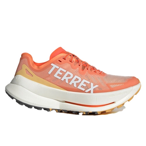 Adidas Terrex Trail Shoes in orange and white feature a breathable mesh upper, cushioned midsole, and rugged outsole for enhanced grip on trails.
