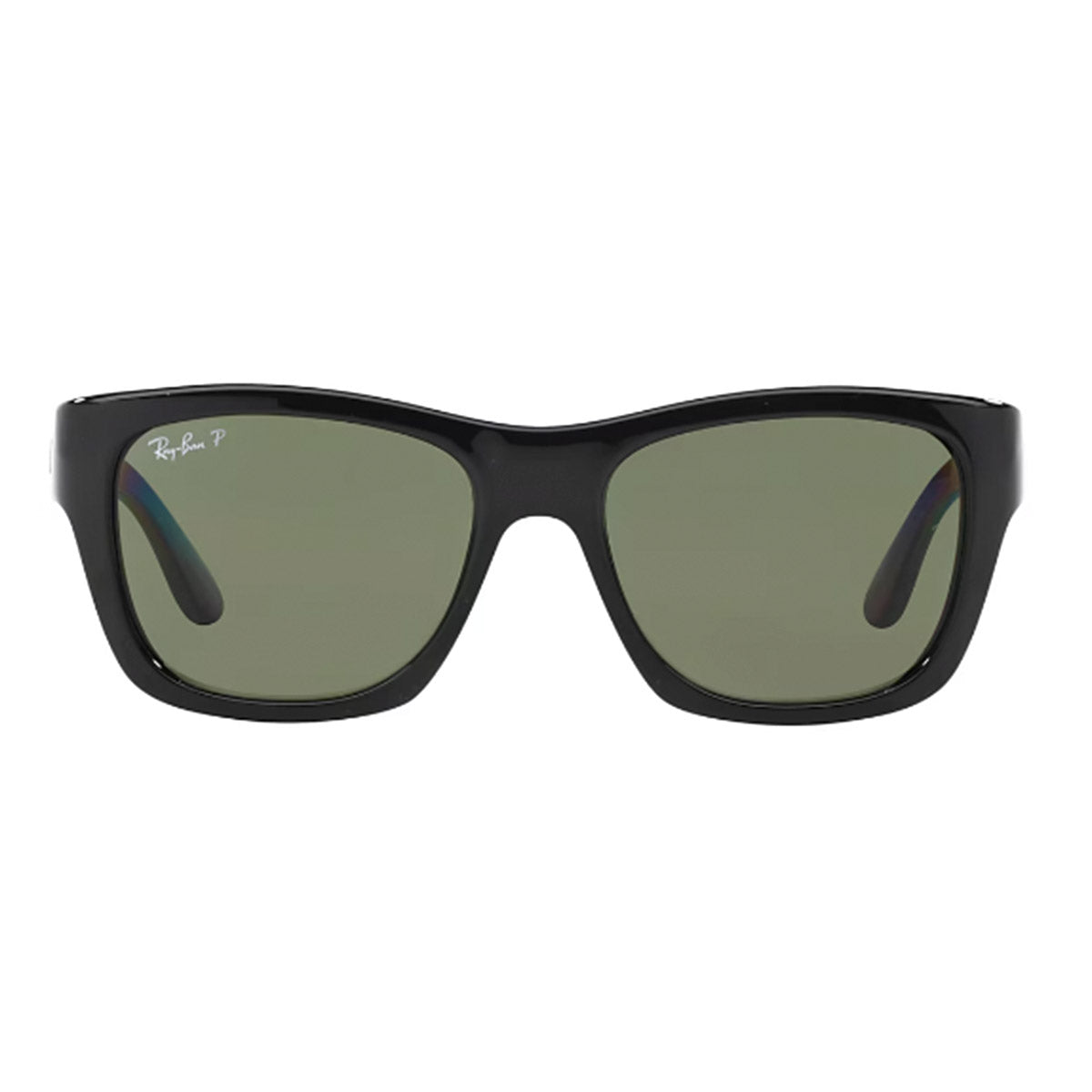 Black Ray-Ban polarized sunglasses with a classic rectangular frame and dark green lenses, featuring the Ray-Ban logo on the left lens.