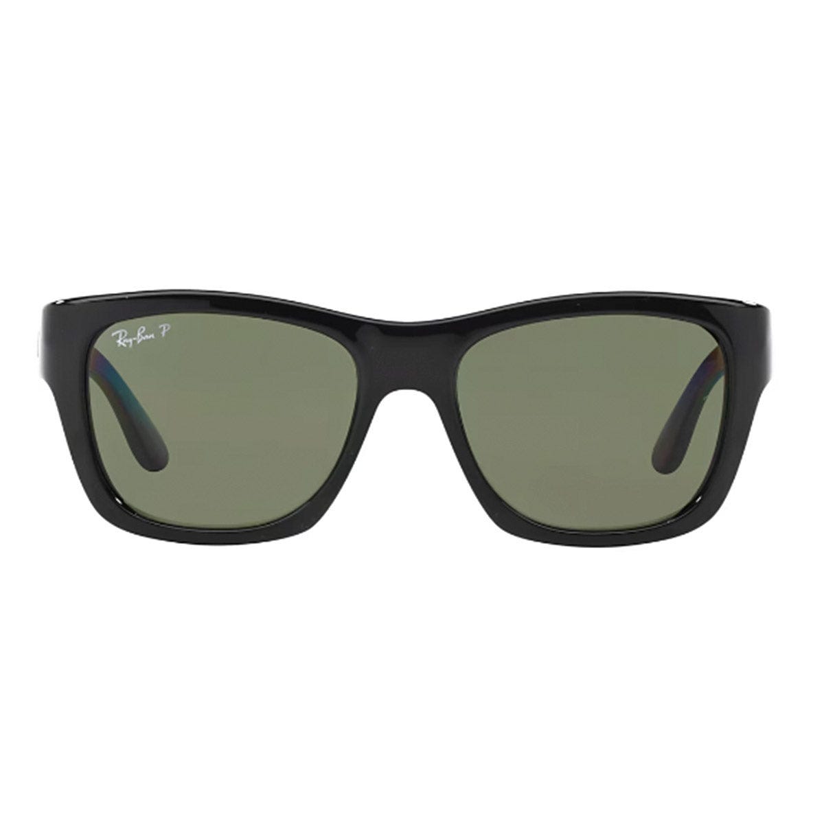 Black Ray-Ban polarized sunglasses with a classic rectangular frame and dark green lenses, featuring the Ray-Ban logo on the left lens.