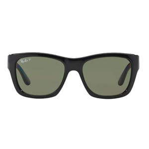 Black Ray-Ban polarized sunglasses with a classic rectangular frame and dark green lenses, featuring the Ray-Ban logo on the left lens.