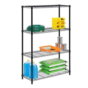 A black metal wire shelving unit with four shelves holds a green garden hose, yellow stackable containers, paint cans, an orange painter's tray with a roller, blue liquid containers, and three green bags labeled as plant food.