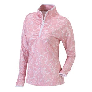 A pink floral long-sleeve shirt with a quarter-zip design and a gathered neckline.