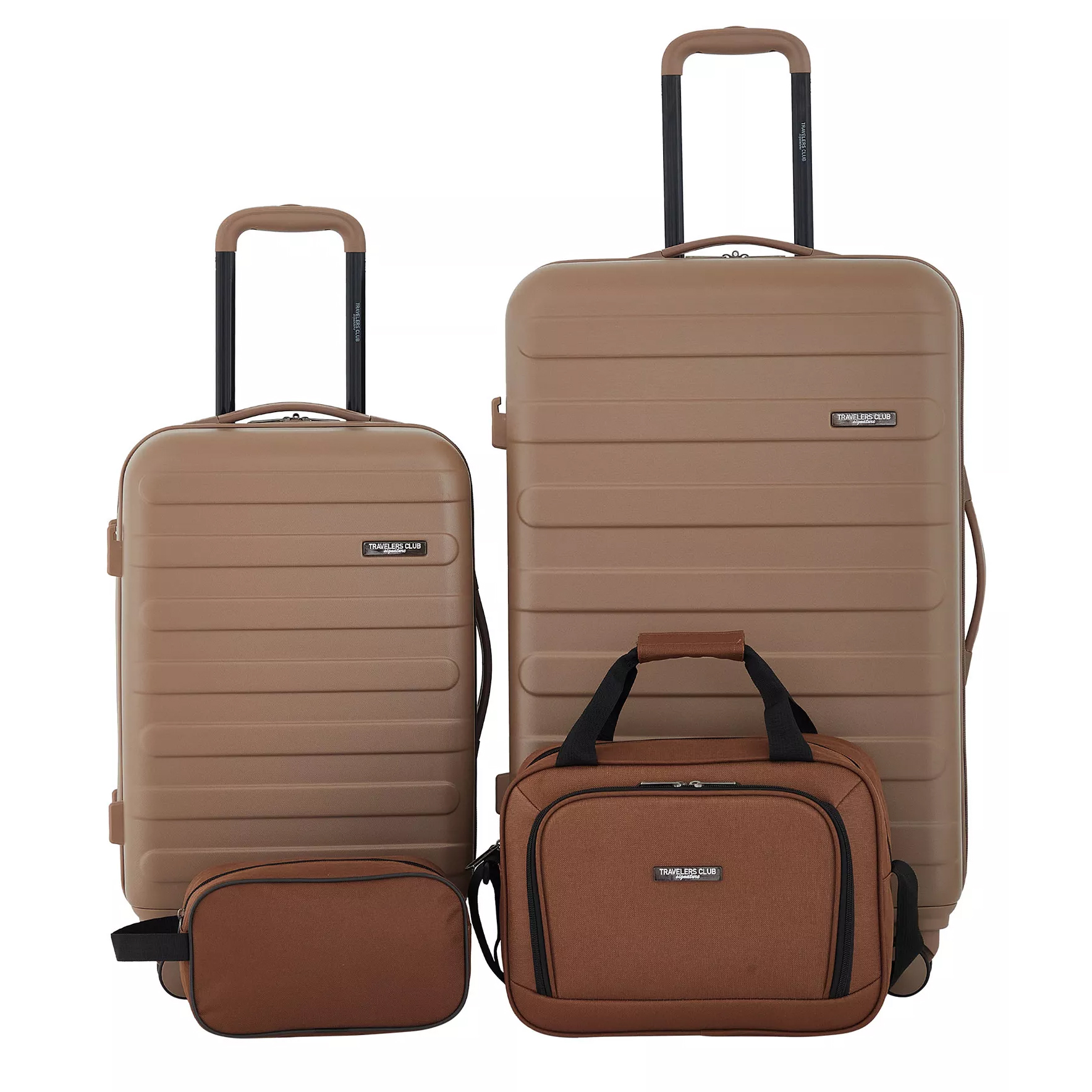 A beige four-piece luggage set from Travelers Club includes two wheeled suitcases with handles, a carry-on bag, and a toiletry bag.