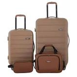 A beige four-piece luggage set from Travelers Club includes two wheeled suitcases with handles, a carry-on bag, and a toiletry bag.