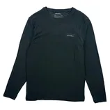 A black long-sleeve shirt with a small logo on the chest and a crew neck design.