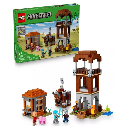 LEGO Minecraft set 21278, \“The Pillager Outpost and Ravager,\“ for ages 9+, includes 665 pieces. Features a tower, outpost, a ravager, and mini-figures with weapons, including characters from the game.