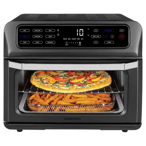 A countertop air fryer oven with digital controls, featuring a dual-compartment setup cooking a pizza on the top rack and fries on the bottom in a mesh tray.