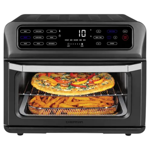 A countertop air fryer oven with digital controls, featuring a dual-compartment setup cooking a pizza on the top rack and fries on the bottom in a mesh tray.