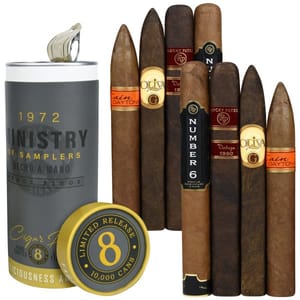 Cigar sampler featuring various cigars alongside a cylindrical tin labeled \“Ministry of Samplers\“ with \“Limited Release 10,000 Cans\“ on the lid.