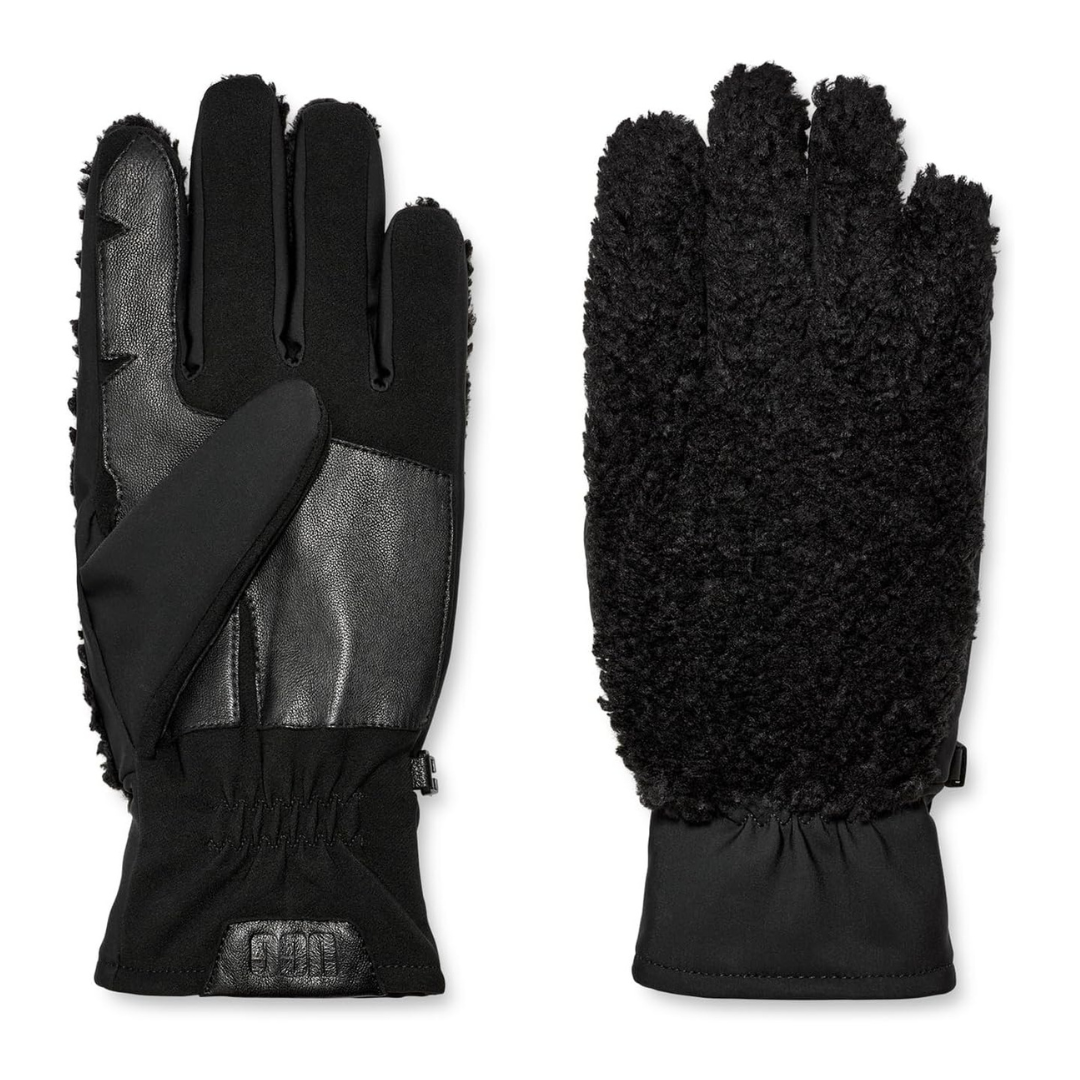 A pair of winter gloves with fleece on one side and a leather-like texture on the palm.