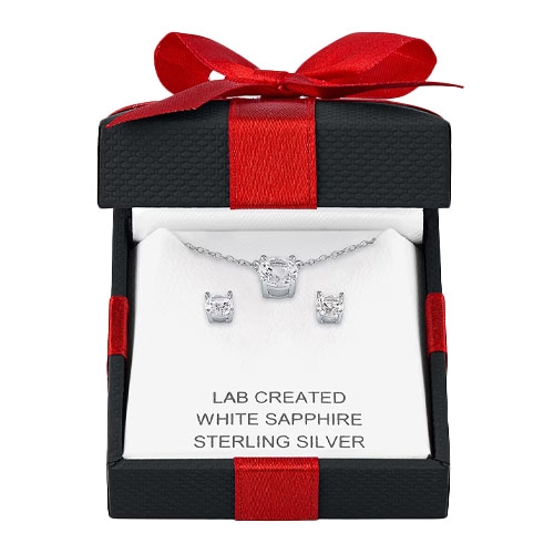 Lab-created white sapphire jewelry set in sterling silver, featuring a necklace with a crown-shaped pendant and matching stud earrings, presented in a black and red gift box with a bow.