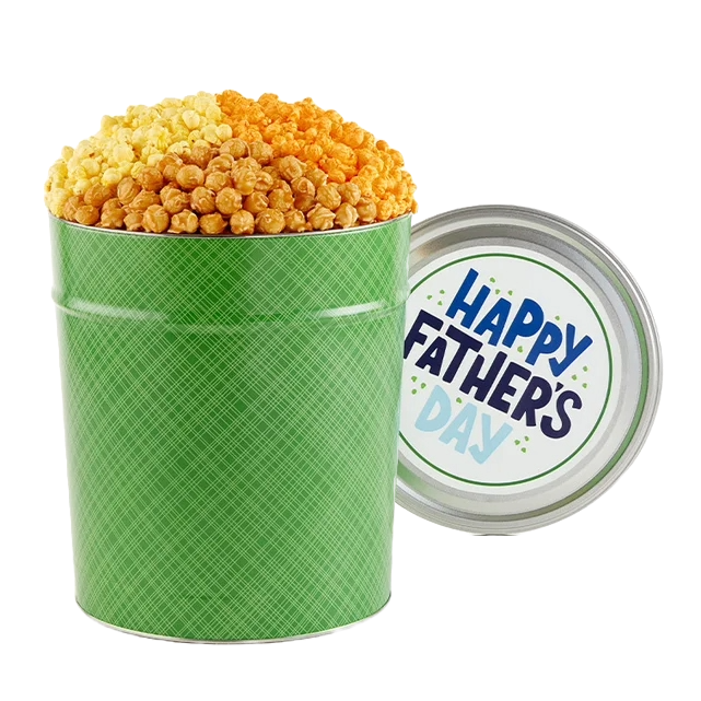 A green tin filled with assorted flavored popcorn is shown with a lid that reads \“Happy Father's Day\“ in bold letters.
