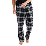 Men's black and white plaid flannel pants with an elastic waistband, designed for comfort and casual wear. The pattern is a classic checkered style.