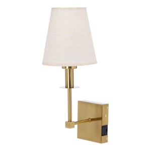 A gold wall sconce featuring a sleek design with a cylindrical base, a square mounting plate, and a tapered beige fabric lampshade. It includes an integrated LED for color-changing lighting, combining elegance and modern functionality.