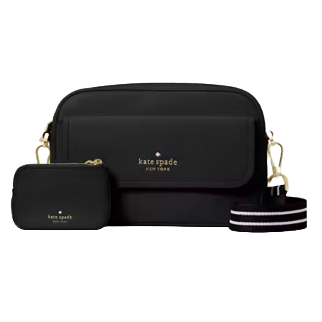 A black Kate Spade New York crossbody bag set includes a detachable pouch and a striped strap with gold-tone hardware.