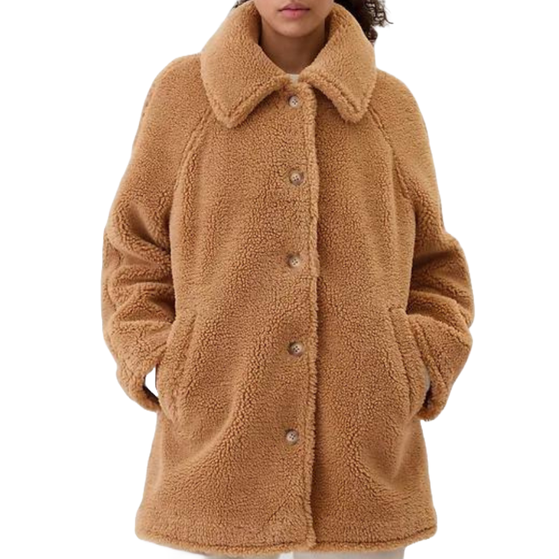 Tan faux shearling coat with large collar, front buttons, and side pockets.
