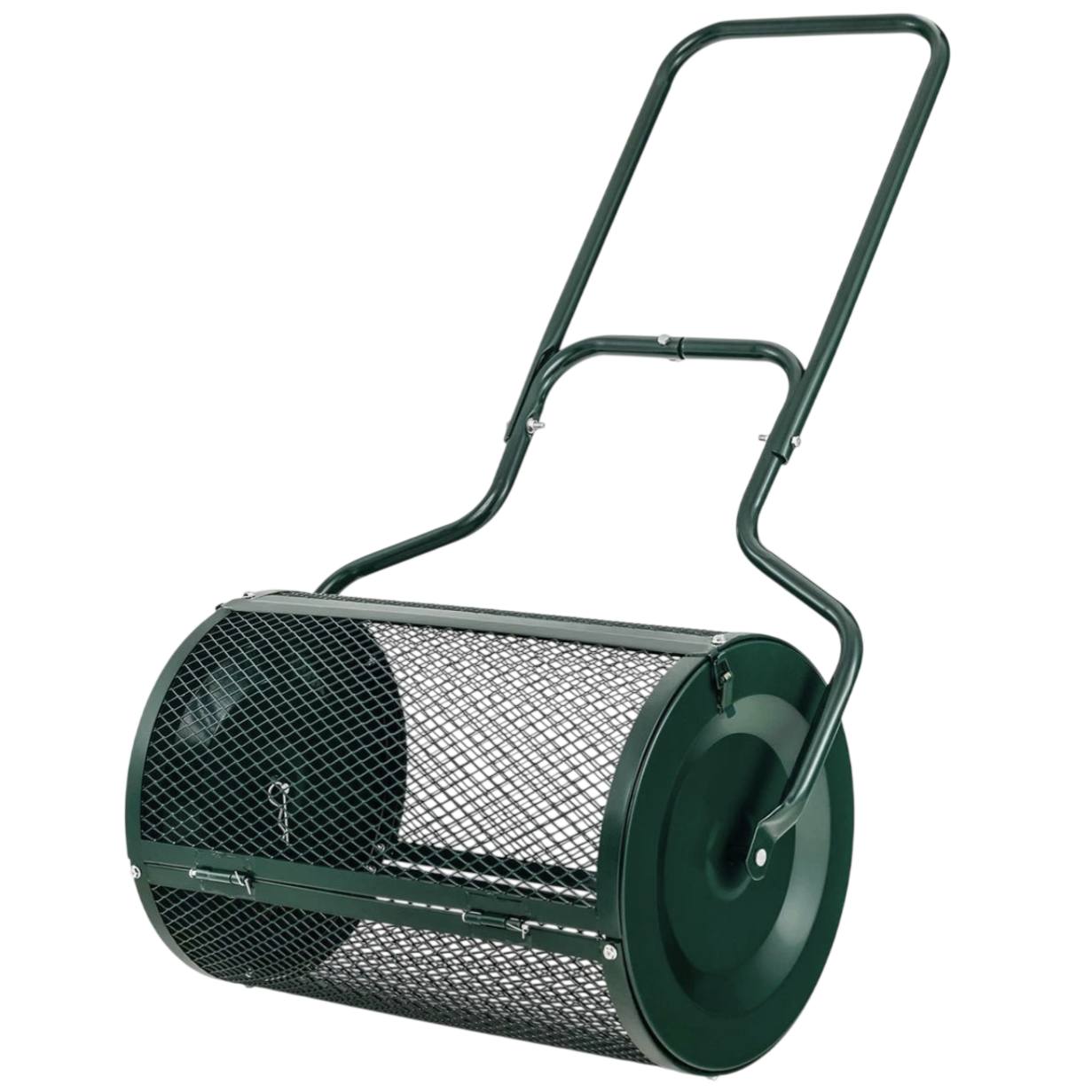 A green pushable lawn spreader or compost tumbler with a mesh drum design and a sturdy handle for distributing materials like soil, seed, or compost evenly over lawns.