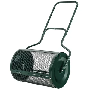 A green pushable lawn spreader or compost tumbler with a mesh drum design and a sturdy handle for distributing materials like soil, seed, or compost evenly over lawns.