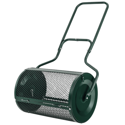 A green pushable lawn spreader or compost tumbler with a mesh drum design and a sturdy handle for distributing materials like soil, seed, or compost evenly over lawns.