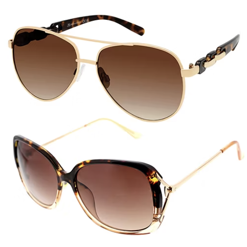 Two pairs of sunglasses: one with aviator-style gold frames and tortoiseshell arms, the other with oversized tortoiseshell frames and gold arms, both with gradient brown lenses.
