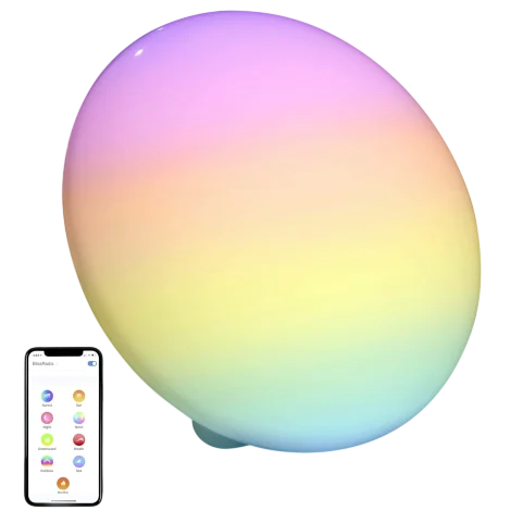 A color-changing smart lamp with a smooth, pastel gradient finish is shown alongside a smartphone displaying a control app with multiple color options.