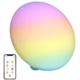 A color-changing smart lamp with a smooth, pastel gradient finish is shown alongside a smartphone displaying a control app with multiple color options.