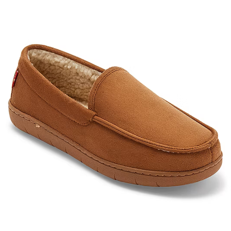 Brown slip-on slipper with a soft exterior, a fleece lining, and a rubber sole.
