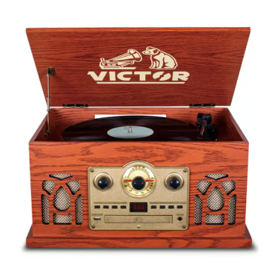 A vintage-style wooden Victor record player features a turntable, radio tuner, digital display, and CD player controls with built-in speakers.